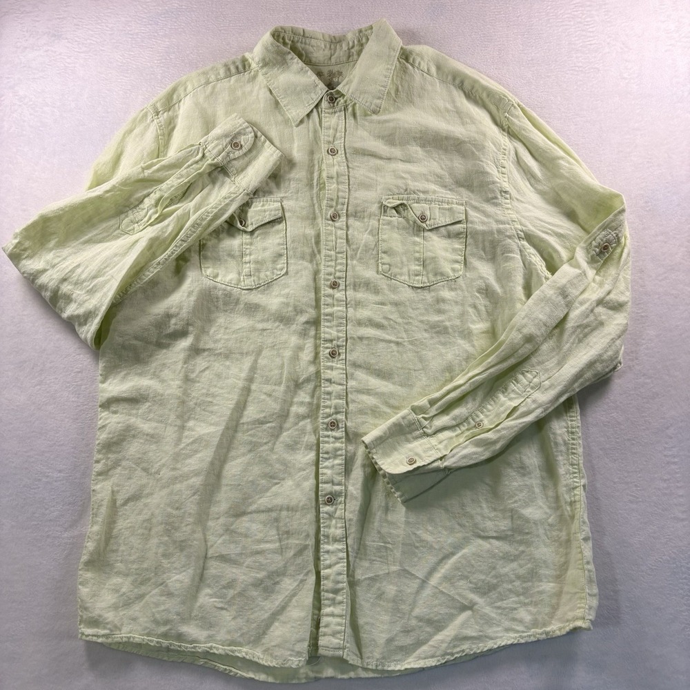 Islander 100% Linen Mens XL Green Button Down Shirt Coastal Resortwear Casual